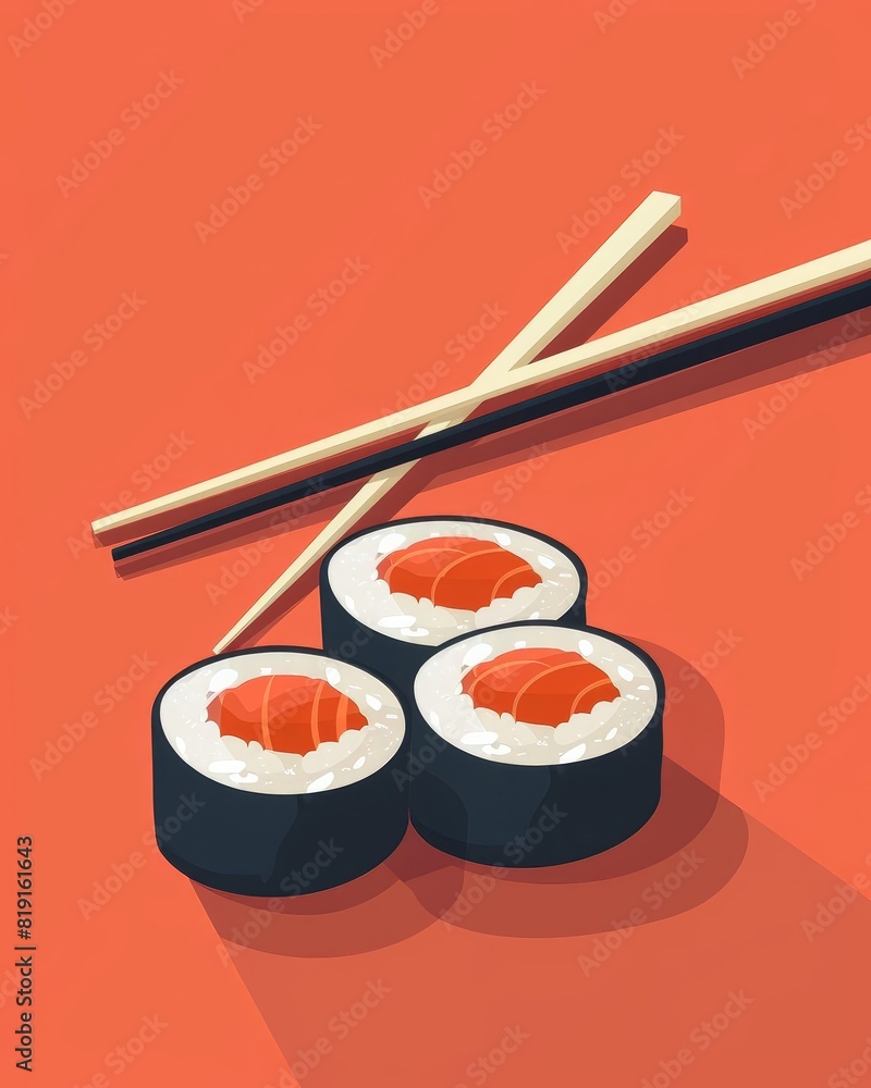 A minimalist illustration of three pieces of sushi with chopsticks on a red background. A minimalist illustration of three pieces of sushi with chopsticks on a red background.