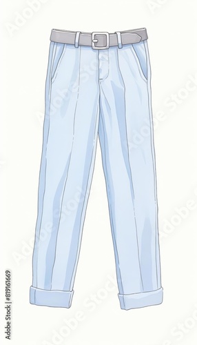 A pair of light blue trousers with a belt. The trousers are made of a soft, lightweight fabric and have a relaxed fit. They are perfect for wearing on a casual day out or to work.