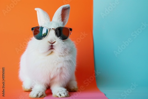 a white rabbit with a pink nose and closed mouth stands in front of a blue wall, wearing black sunglasses