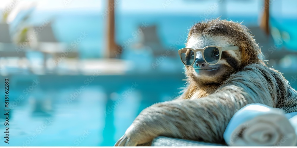Obraz premium A Happy Sloth Relaxing by a Pool at a Resort. Concept Outdoor Photoshoot, Animal Photography, Relaxing Sloth, Poolside Portrait, Resort Wildlife