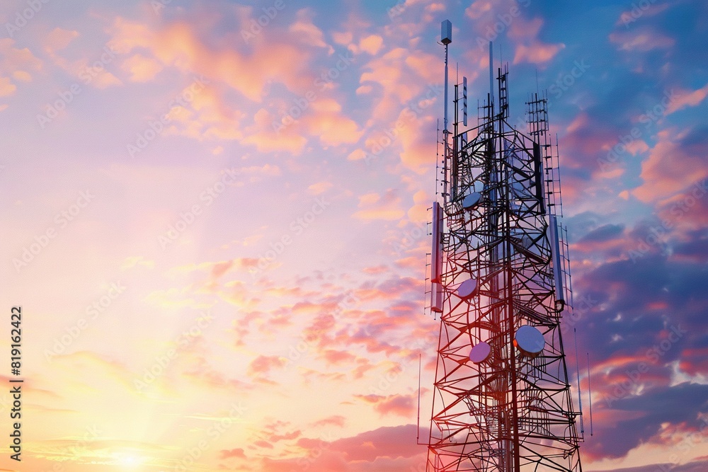 a metal tower stands tall against a stunning sunset sky, with a white cloud adding to the picturesque view a metal tower stands tall against a stunning sunset sky, with a white cloud adding to the picturesque view
