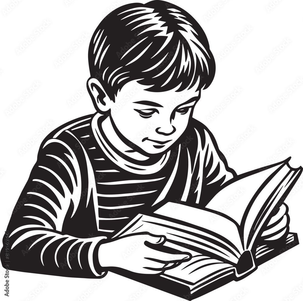 child reading a book black and white illustration child reading a book black and white illustration