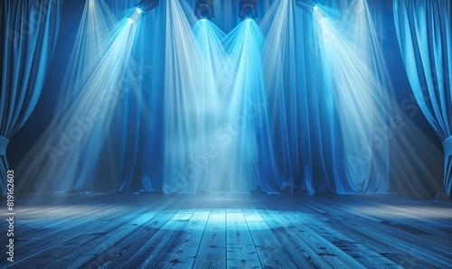 a blue stage illuminated by spotlights, with a blue curtain in the foreground photo
