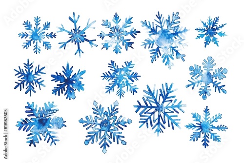 a colorful arrangement of blue flowers and snowflakes on a isolated background