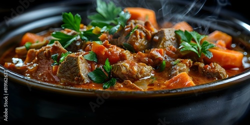 A Closeup of a Steaming Hot Bowl of Hungarian Goulash with Tender Beef. Concept Food Photography, Steamy Meals, Hungarian Cuisine, Beef Dishes, Close-up Shots photo