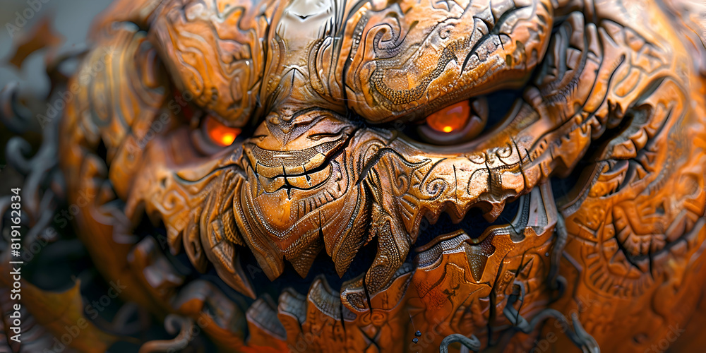 A close-up of a jack-o'-lantern with an intricately carved face