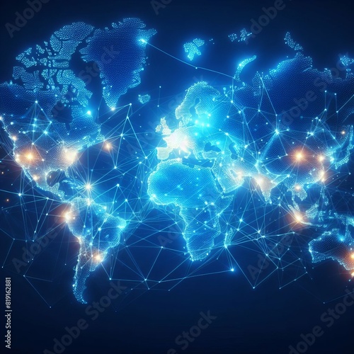A stunning digital illustration of a world map with glowing blue connections highlighting global networks and data communication paths.. AI Generation