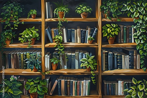 a bookshelf adorned with a variety of potted plants, including green and brown pots, a brown and orange pot, and a green plant, arranged on wooden shelves