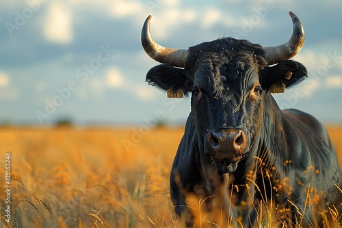 Portrait of a black cow with horns in the field at sunset