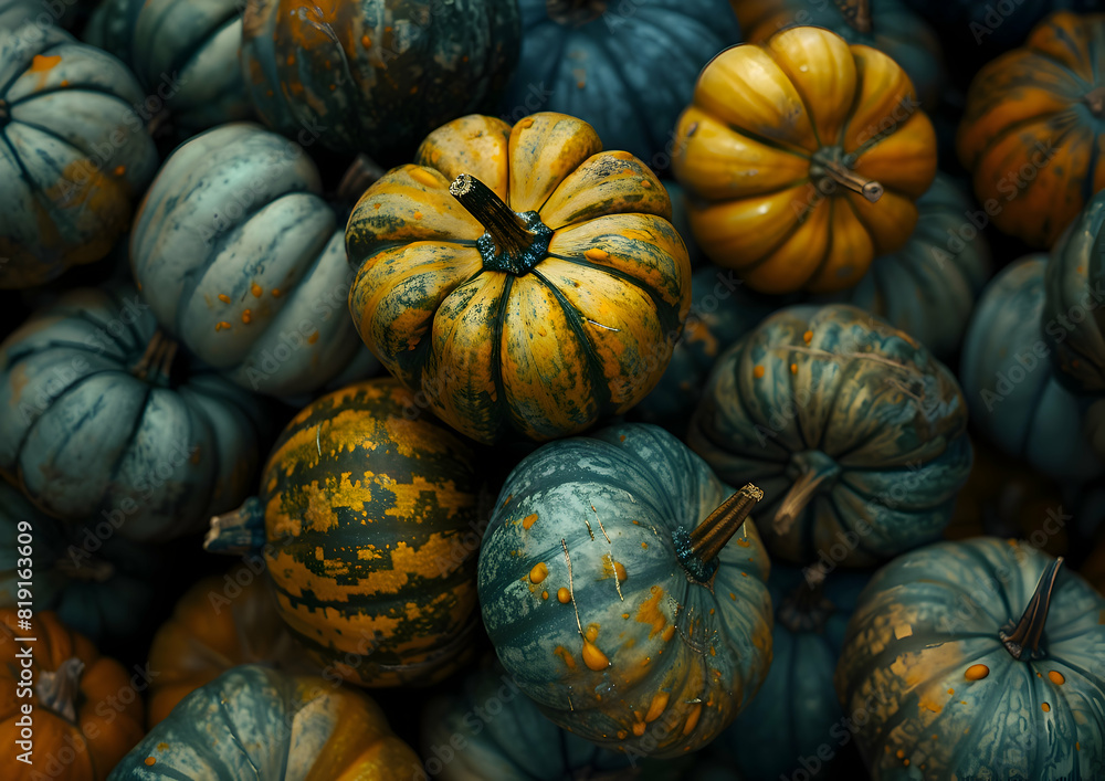 A close-up of a pile of pumpkins in various sizes and shapes A close-up of a pile of pumpkins in various sizes and shapes