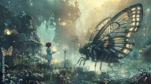 Miniature scientists studying giant insects in a lush, oversized garden, creating a sense of wonder