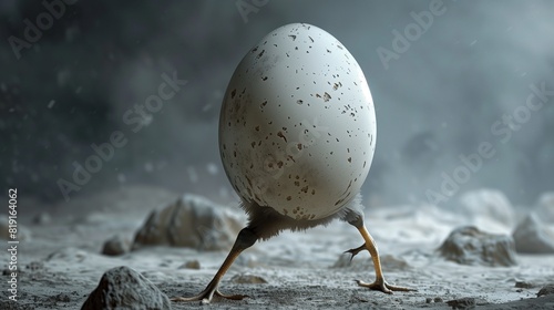 A surreal composition where a hen egg is reimagined with three legs, seamlessly integrated into a high-definition image. photo