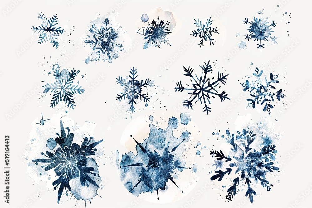 a collection of snowflakes in various sizes and colors are arranged on a isolated background, accompanied by a variety of blue and white flowers a collection of snowflakes in various sizes and colors are arranged on a isolated background, accompanied by a variety of blue and white flowers