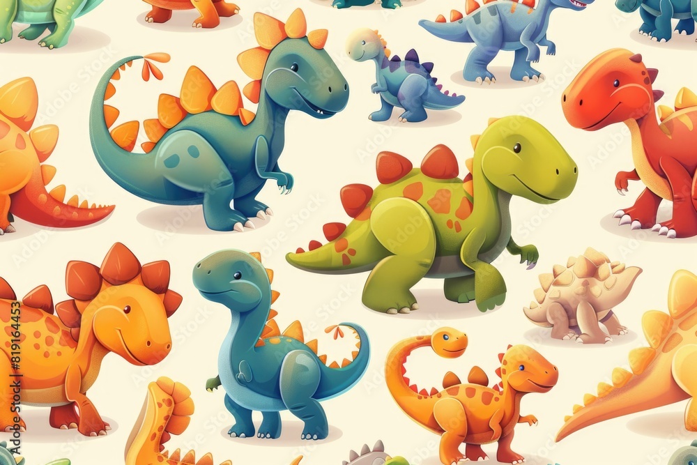 A group of various colored dinosaurs on a plain white background. Suitable for educational materials