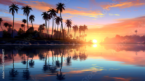 A serene sunset scene with palm trees reflected in the calm water