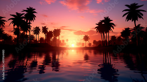 A serene sunset scene with palm trees reflected in the calm water