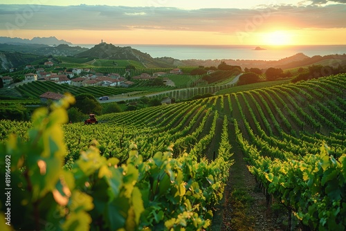 Summer vineyard landscape against sunset background, ripe red blue white grapes and making the best wine photo