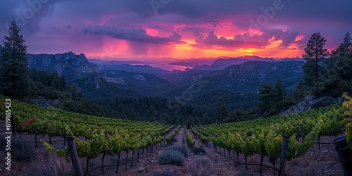 Summer vineyard landscape against sunset background  ripe red blue white grapes and making the best wine