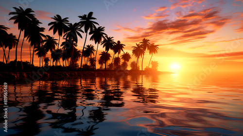 A serene sunset scene with palm trees reflected in the calm water