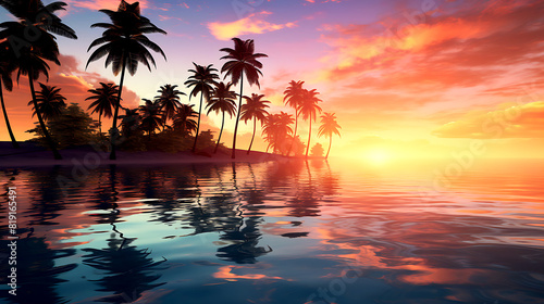 A serene sunset scene with palm trees reflected in the calm water