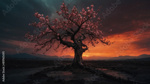 Digital art of a single cherry blossom tree at the top of a hill mountain in a sunset.  3D  Illustration 3D. 