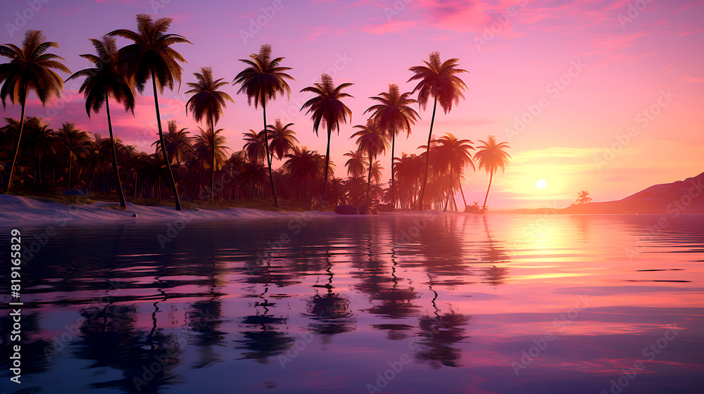 A serene sunset scene with palm trees reflected in the calm water A serene sunset scene with palm trees reflected in the calm water