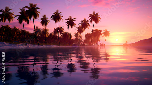 A serene sunset scene with palm trees reflected in the calm water