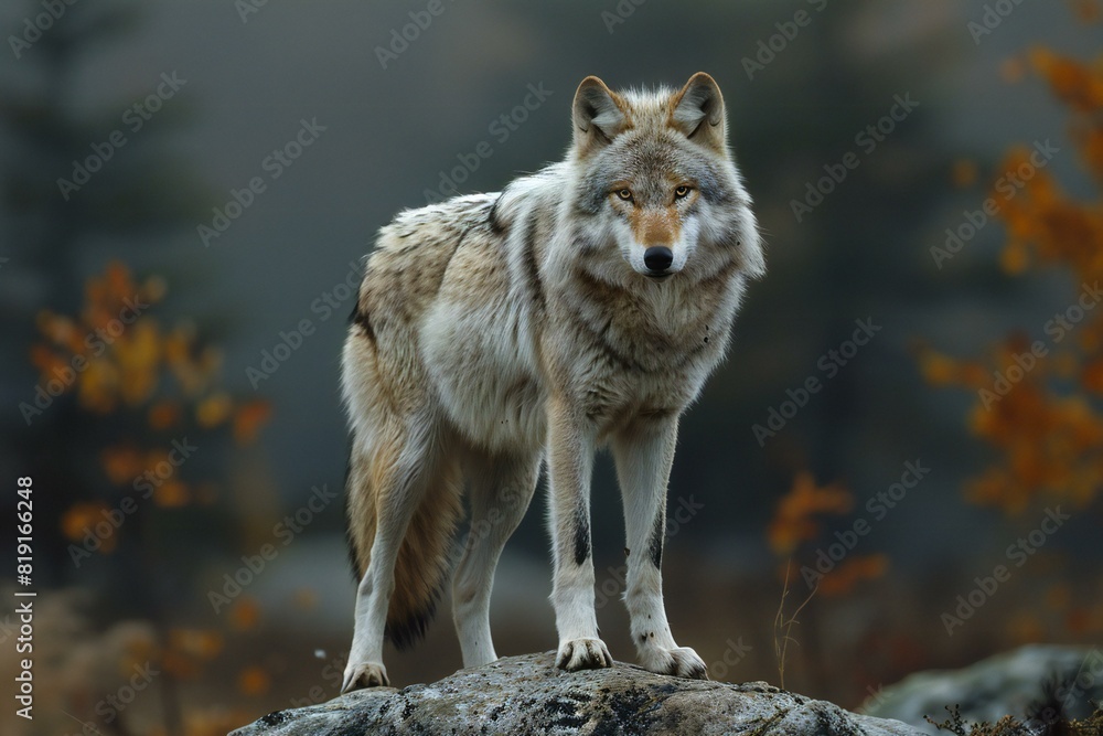 Lone wolf (Canis lupus) standing on rock