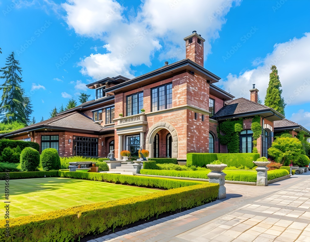 Fototapeta premium modern two story white house with black accents, in the front yard is green grass and concrete walkway leading to an elegant garage door, blue sky, bright sunny day