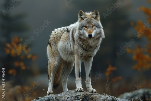 Lone wolf (Canis lupus) standing on rock © Huyen