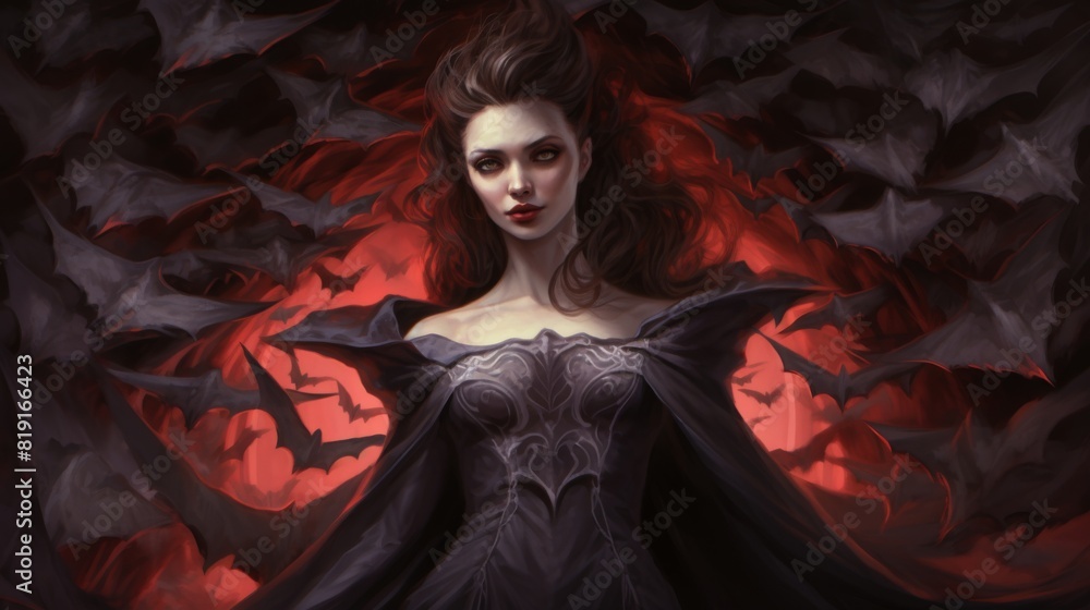 A woman in a black dress stands surrounded by a group of bats, creating a mysterious and eerie atmosphere A woman in a black dress stands surrounded by a group of bats, creating a mysterious and eerie atmosphere