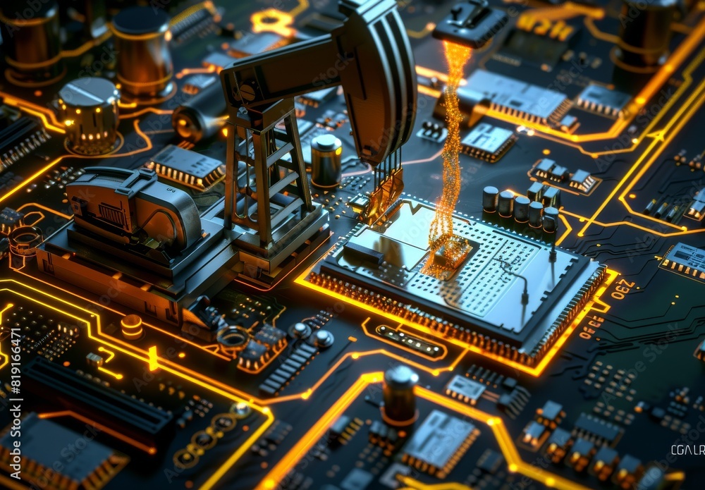 Generative AI image of a digital oil pump on a graphical motherboard interface. Generative AI image of a digital oil pump on a graphical motherboard interface.