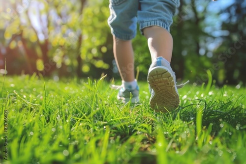 A close up of a person walking in the grass. Suitable for outdoor and nature themes