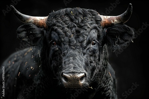 Portrait of a black bull with horns on a black background photo
