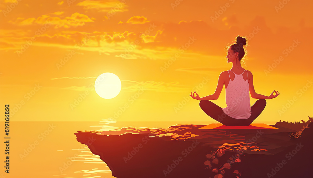 Happy Woman Practicing Yoga on a Cliff at Sunset - Find inner peace with this image of a happy woman practicing yoga on a cliff at sunset, perfect for illustrating mindfulness and serenity. 