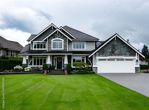 front of beautiful home in the British Columbia, Canada with large garage and driveway on cloudy day © Safdar