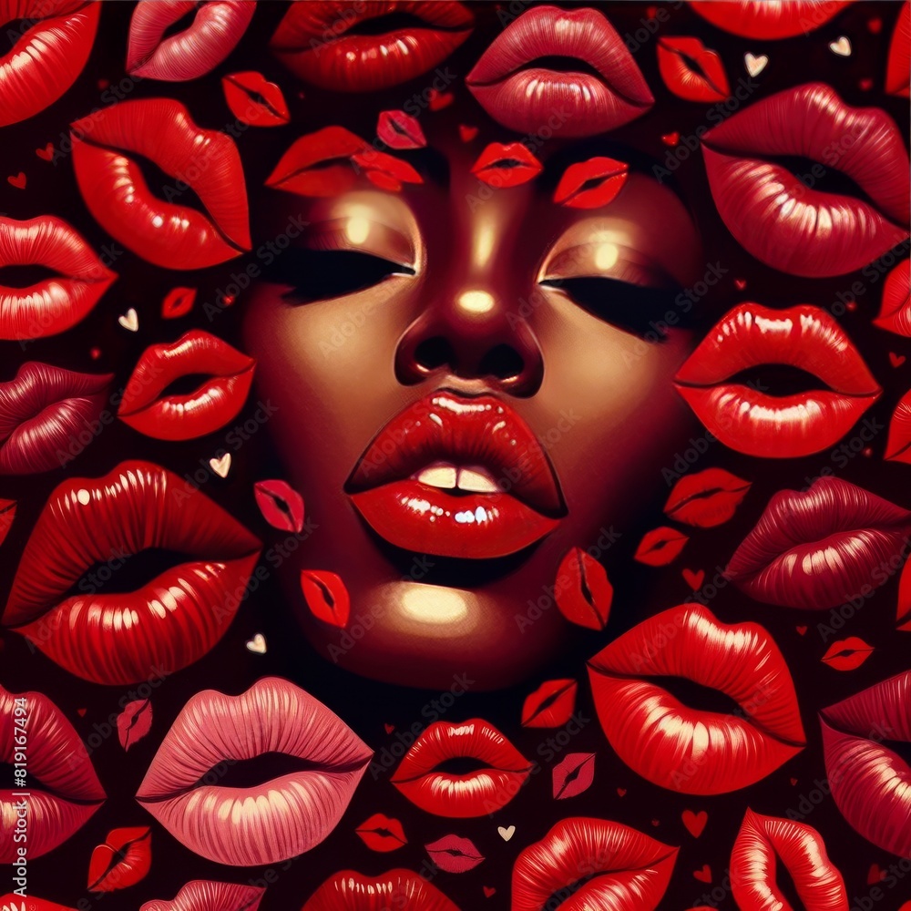 Artistic representation featuring an array of glossy, floating lips and partial faces against a dark background.. AI Generation Artistic representation featuring an array of glossy, floating lips and partial faces against a dark background.. AI Generation