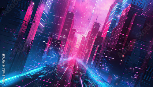 Abstract Digital Artwork with Neon Cityscape - Add an urban vibe with this abstract digital artwork featuring a neon cityscape, perfect for creating a futuristic and energetic look.