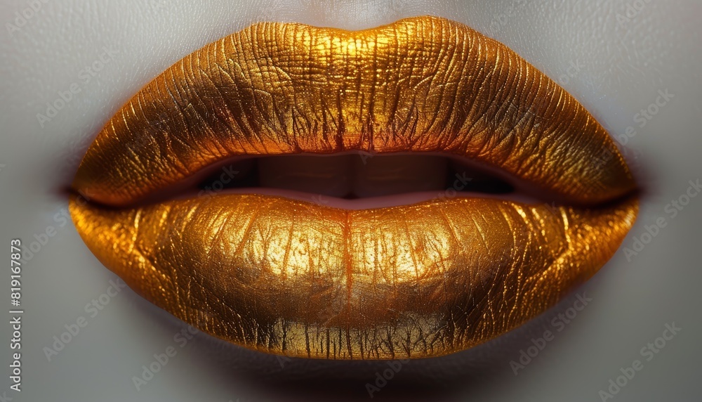 a pair of gold painted human lips on a solid white backgroumd a pair of gold painted human lips on a solid white backgroumd