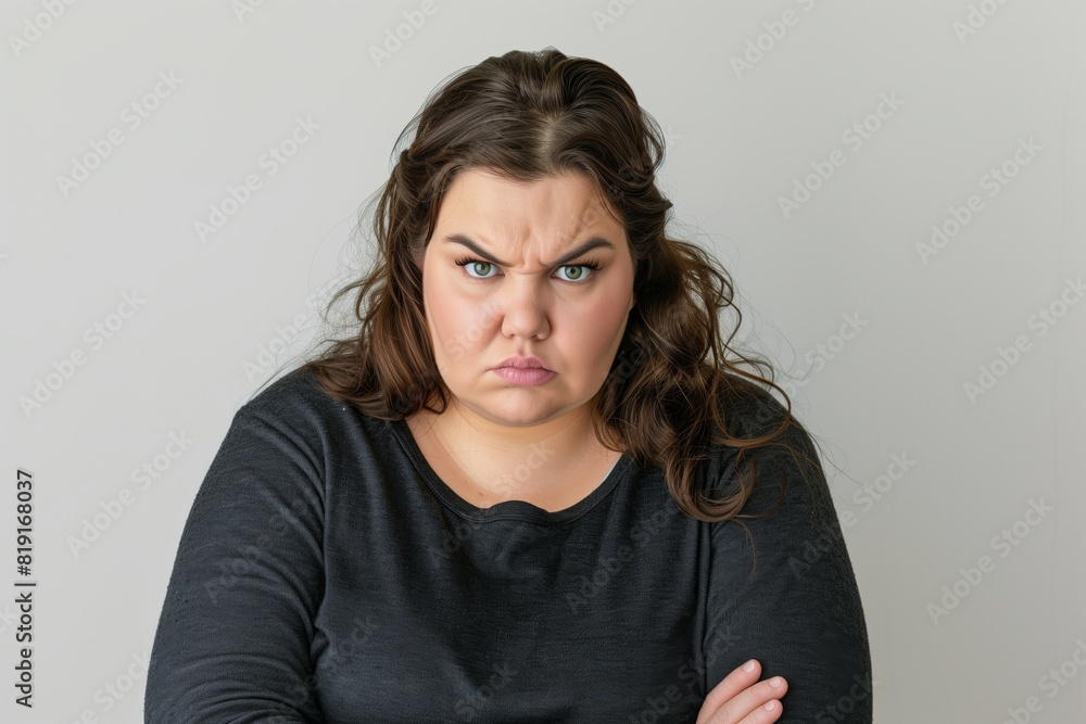 angry obese woman looking at the camera on white background angry obese woman looking at the camera on white background