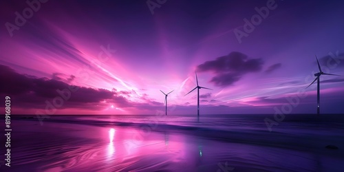 Windmill silhouette against a dark sea with pink-purple tones. Concept Windmill Silhouette, Dark Sea, Pink-Purple Tones © Ян Заболотний