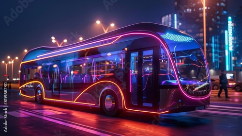 Solarpowered bus with holographic route display, cityscape, neon lighting, 3D rendering, sharp focus