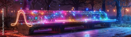 Solarpowered smart bench with holographic interface  urban park  neon lighting  digital illustration  whimsical