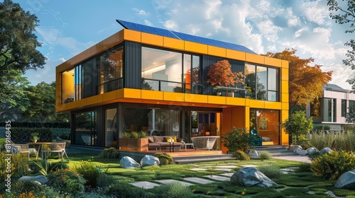 Solarpowered smart home with holographic energy management, modern architecture, bright colors, digital painting, detailed photo