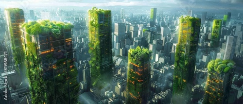 Vertical garden skyscrapers  floating holograms of plant species  futuristic cityscape  digital painting  cyberpunk style