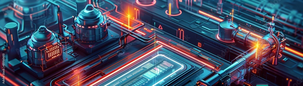 Obraz premium AIdriven waste processing plant with holographic interface, industrial setting, neon hues, digital illustration, high detail
