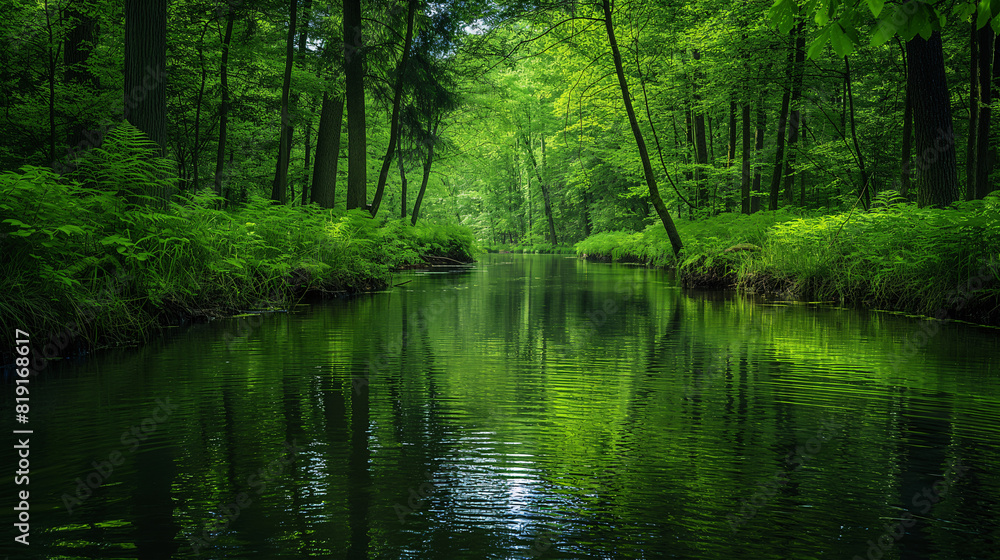 Nature's Harmony: Flowing River and Forest Reflection Nature's Harmony: Flowing River and Forest Reflection