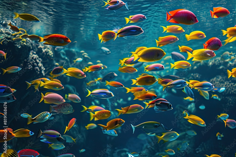 Naklejka premium Shoals of tropical fish Vibrant schools of fish swimming in unison