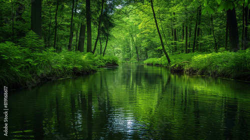 Nature's Harmony: Flowing River and Forest Reflection