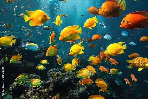 Shoals of tropical fish Vibrant schools of fish swimming in unison